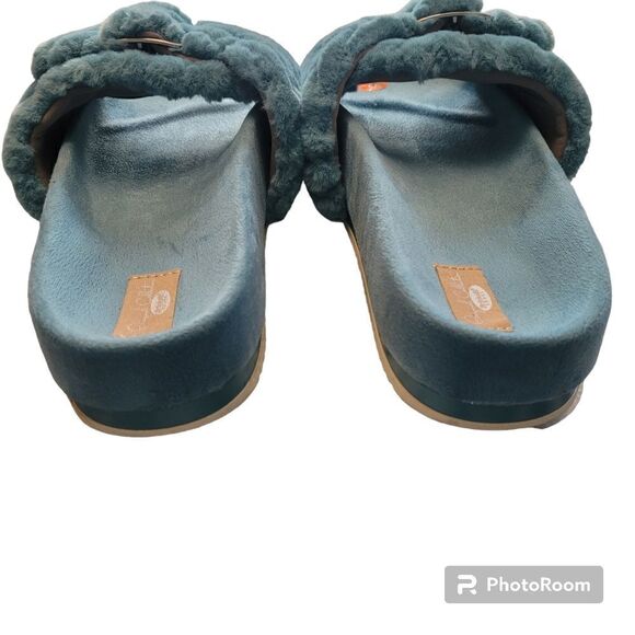 DR. SCHOLLS Slippers Women 11 M Faux Fur Buckle Slide Teal NEW - Picture 6 of 7